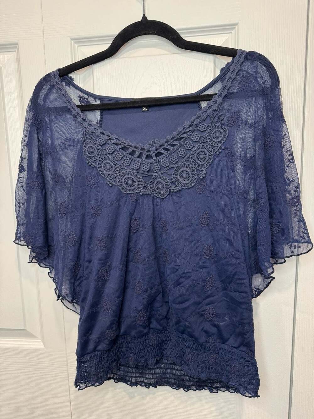 Heartsoul Navy Blue Lace Mesh Flutter Sleeve Smocked Top XL
